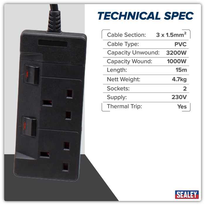 Cable Reel System Retractable 15m 2 x 230V Socket | CRM15