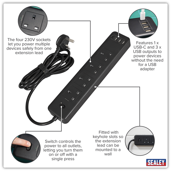 2.6m Extension Lead with USB Ports - Black | EL34USBB