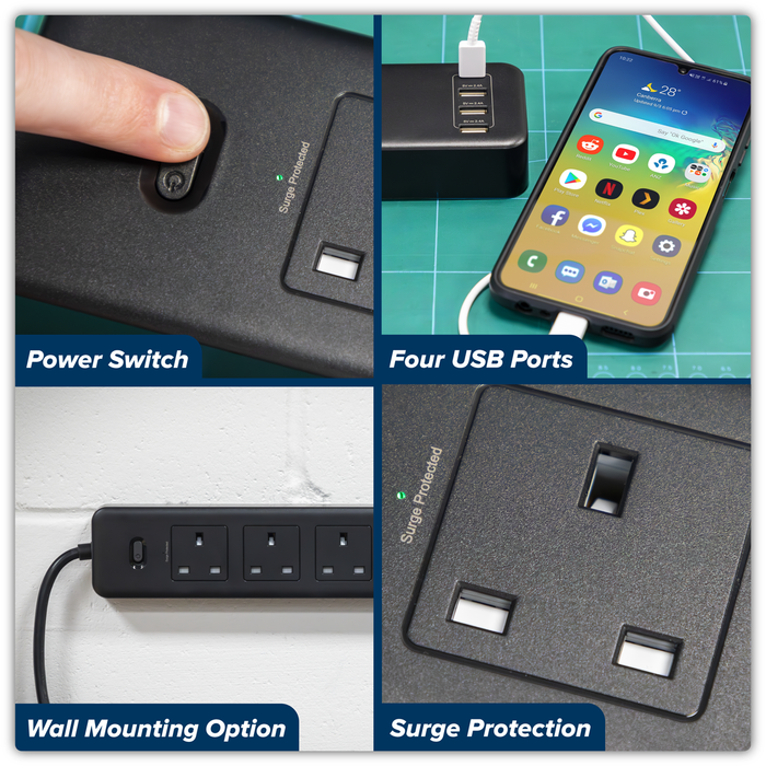 2.6m Extension Lead with USB Ports - Black | EL34USBB