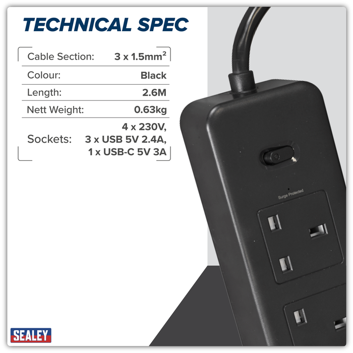 2.6m Extension Lead with USB Ports - Black | EL34USBB