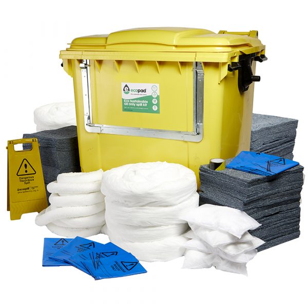 Ecospill 1000L Eco Sustainable Oil Only Spill Response Kit, Drop Front 4 Wheel PE Bin | ES1841000