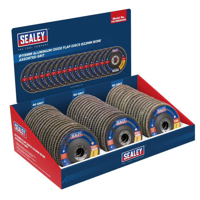 115mm Aluminium Oxide Flap Discs Assorted Grit 22mm Bore - Display Box of 60 | FD115EMIXDB