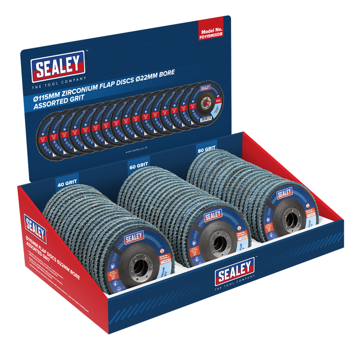 Assorted Grit Flap Discs Zirconium Ø115mm Ø22mm Bore - Display Box of 60 | FD115MIXDB