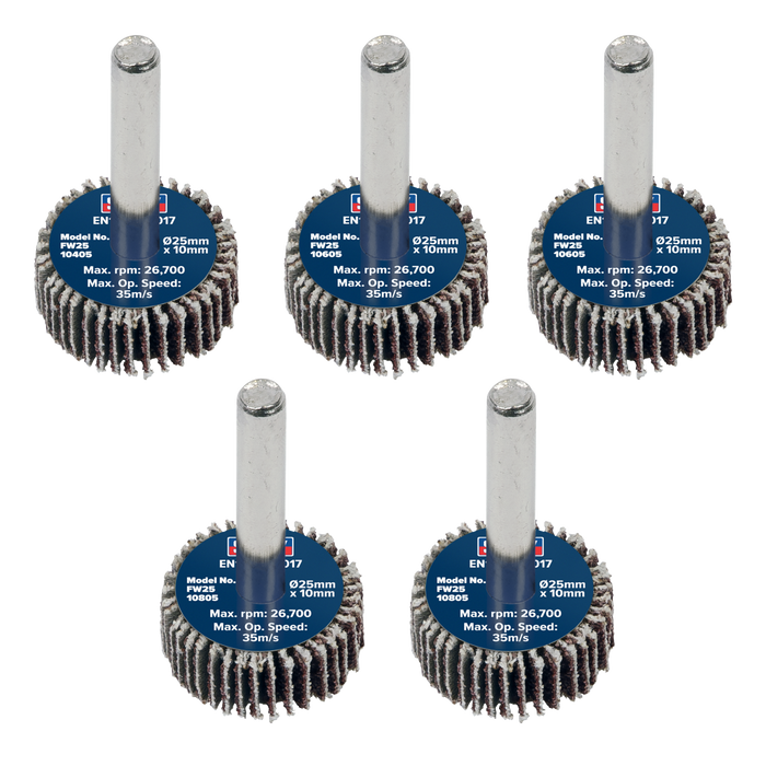 25 x 10mm Abrasive Flap Wheel with 6mm Shaft Assorted Grit - Pack of 5 | FW2510ASS