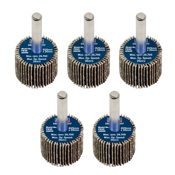 25 x 20mm Abrasive Flap Wheel with 6mm Shaft Assorted Grit - Pack of 5 | FW2520ASS