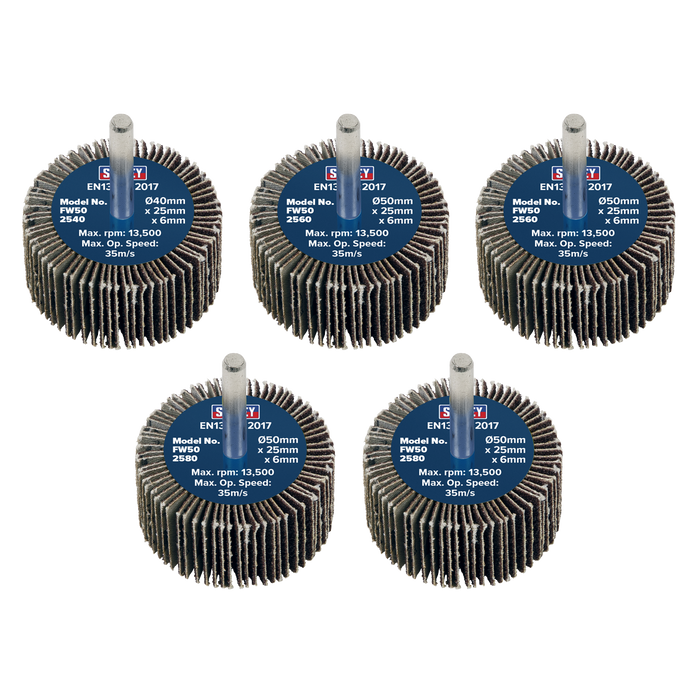 50 x 25mm Abrasive Flap Wheel with 6mm Shaft Assorted Grit - Pack of 5 | FW5025ASS