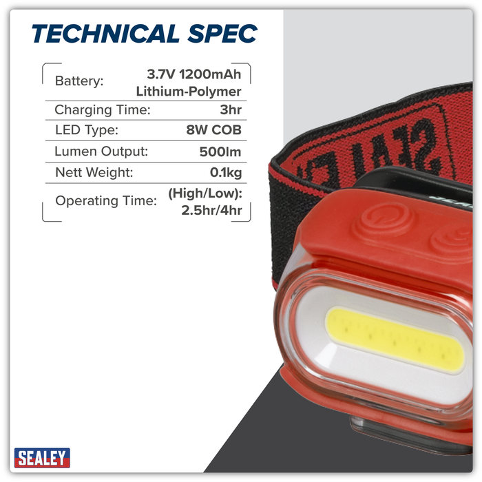 Rechargeable Head Torch with Auto-Sensor 8W COB LED - Red | HT08RR