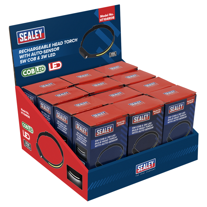 Rechargeable Head Torch with Auto-Sensor 5W COB & 3W LED - Display Box of 12 | HT104RDB