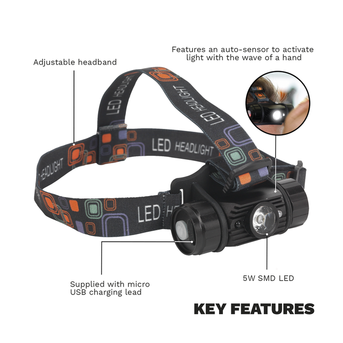 Rechargeable Head Torch with Auto-Sensor 5W SMD LED | HT108LED