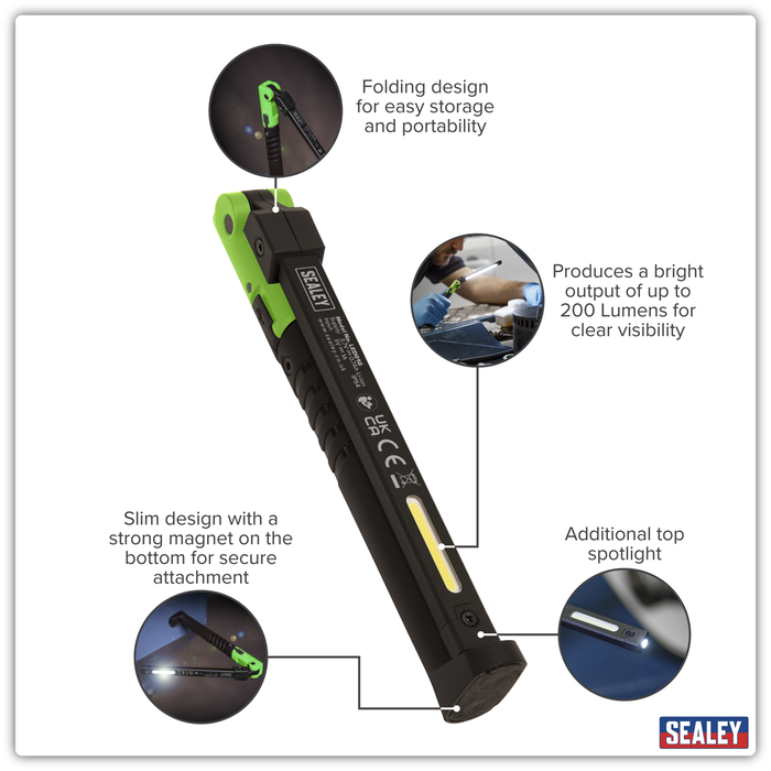 Rechargeable Slim Folding Pocket Light 2 COB & 1 SMD LED - Green | LED01G