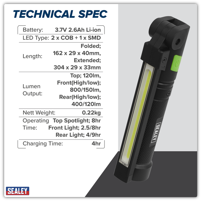 Rechargeable Aluminium Folding Pocket Light 2 COB & 1 SMD LED | LED02G