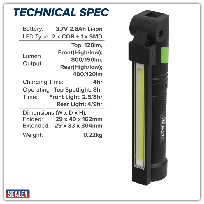 Rechargeable Aluminium Folding Pocket Light 2 COB & 1 SMD LED | LED02G
