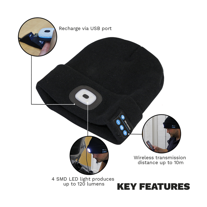 Rechargeable USB Beanie Hat with Wireless Headphones 1W SMD LED | LED185W