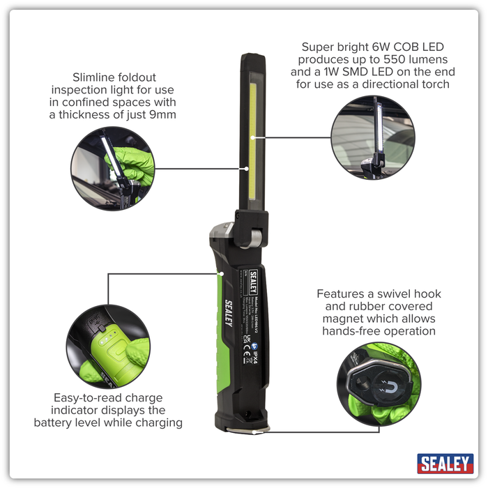 Rechargeable Slim Folding Inspection Light 6W COB LED & 1W SMD LED Lithium-ion | LED186