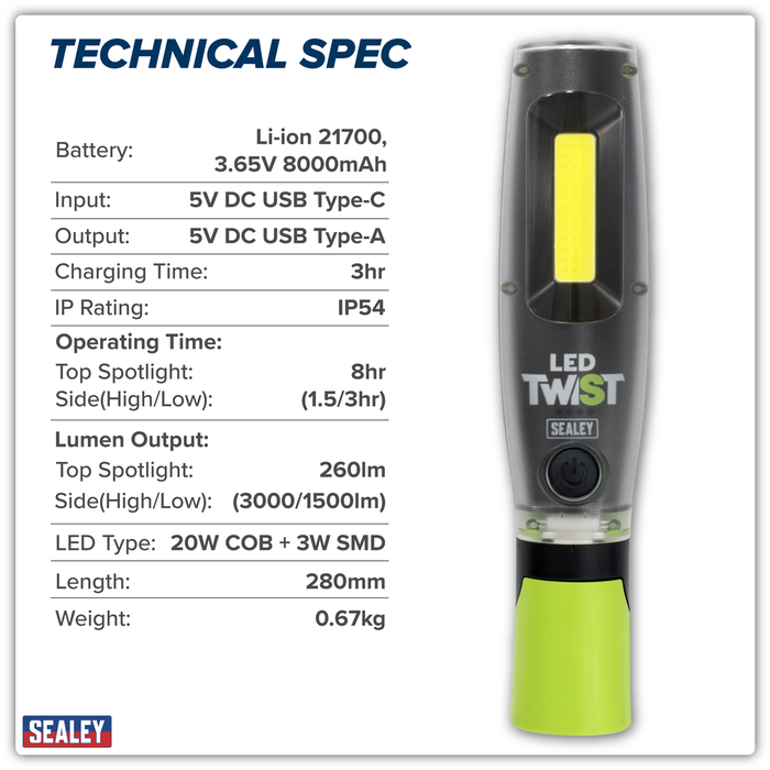 Rechargeable LED Twist® Inspection Light 20W COB + 3W SMD, 3000lm, Magnetic Base & Power Bank | LED3001G