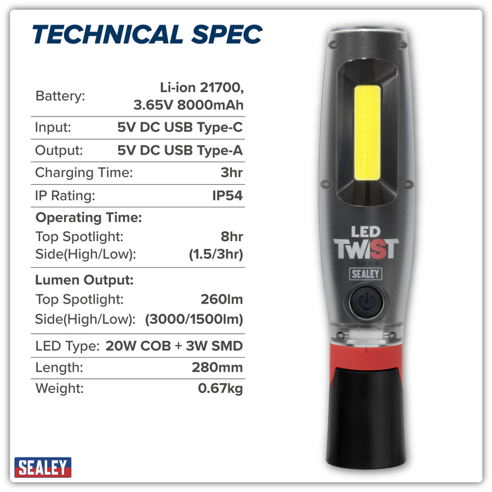 Rechargeable LED Twist® Inspection Light 20W COB & 3W SMD, 3000lm, Magnetic Base & Power Bank | LED3001