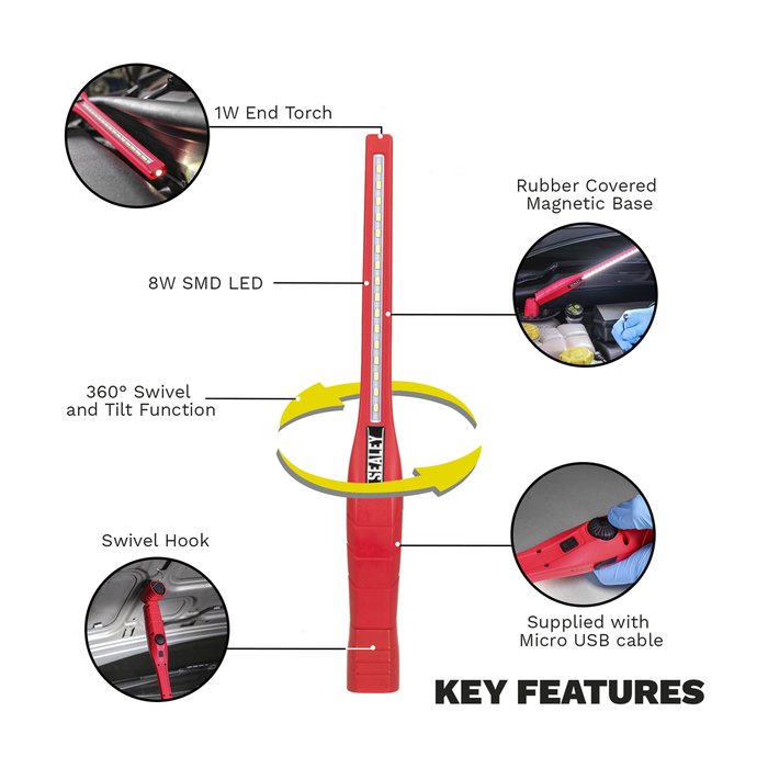 Rechargeable 360° Slim Inspection Light 8W & 1W SMD LED - Red | LED3604R