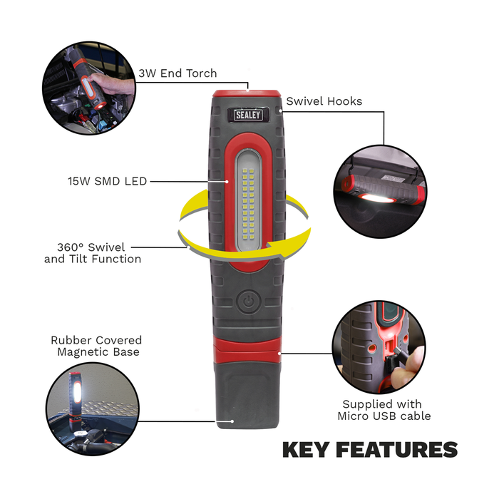 Rechargeable 360° Inspection Light 15W & 3W SMD LED - Red | LED3606R