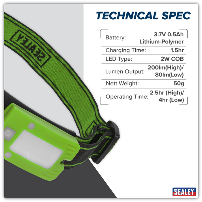 Rechargeable Head Torch with Auto-Sensor 2W COB LED - Green | LED360HTG