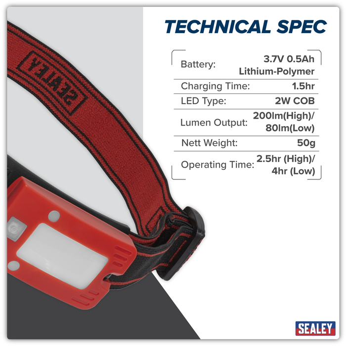 Rechargeable Head Torch with Auto-Sensor 2W COB LED - Red | LED360HTR