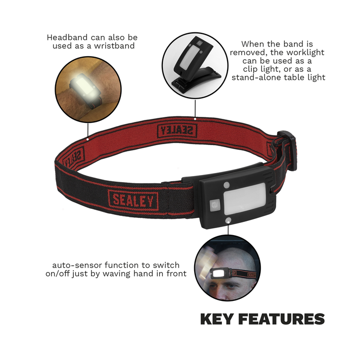 Rechargeable Head Torch with Auto-Sensor 2W COB LED - Black | LED360HT