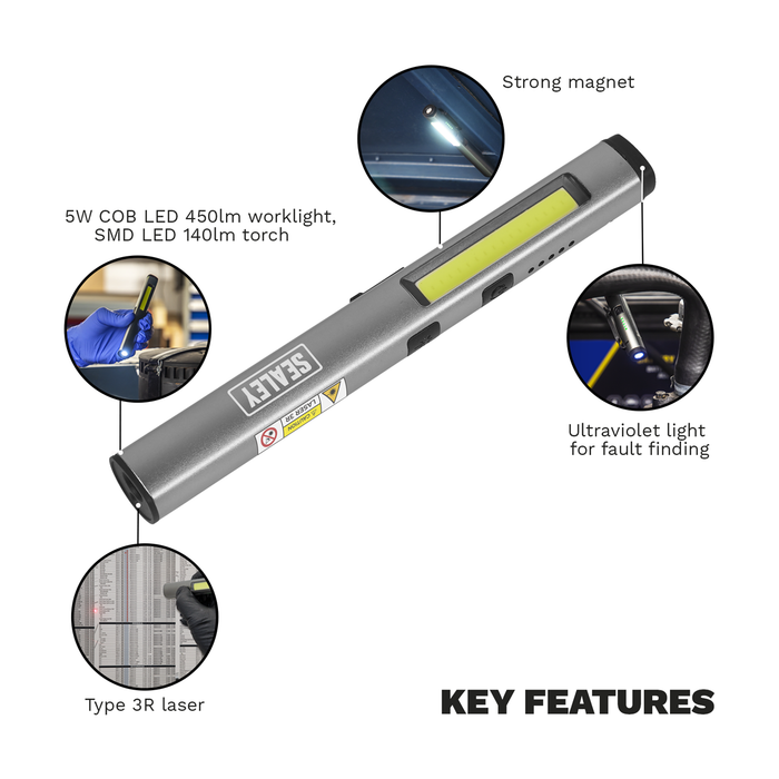 Rechargeable UV Penlight Torch with Laser Pointer 5W COB & 3W SMD LED | LED450UV