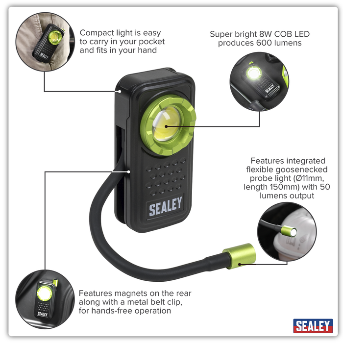 Pocket Light with Flexi Inspection Light 8W COB LED & 1W SMD LED | LED600FX