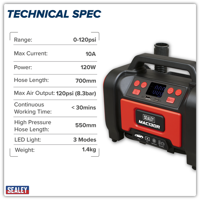 Rechargeable Tyre Inflator & High Volume Air Pump 12V | MAC13DR