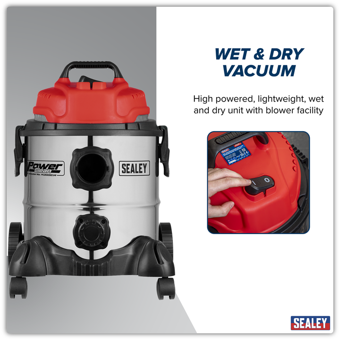 20L Vacuum Cleaner Wet & Dry Stainless Drum 1250W/230V | PC200SD
