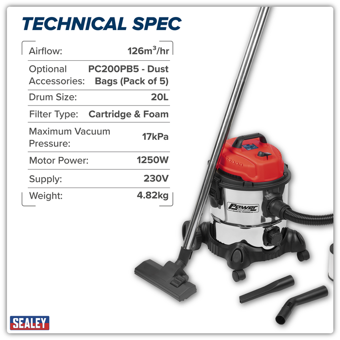 20L Vacuum Cleaner Wet & Dry Stainless Drum 1250W/230V | PC200SD