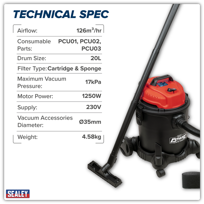 20L Vacuum Cleaner Wet & Dry 1250W/230V | PC200