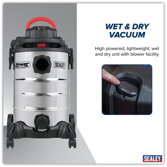 30L Vacuum Cleaner Wet & Dry with Stainless Steel Drum & Detachable Leaf Blower 1200W/230V | PC300SD
