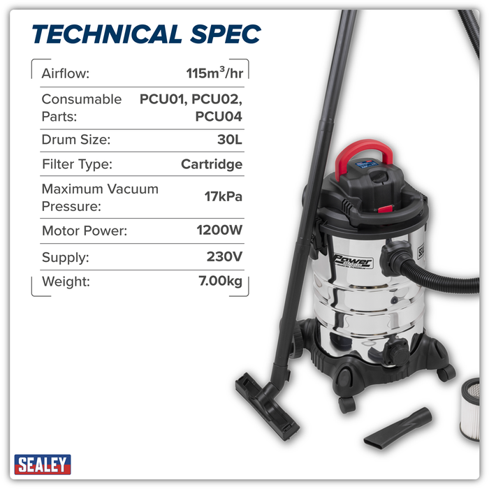 30L Vacuum Cleaner Wet & Dry with Stainless Steel Drum & Detachable Leaf Blower 1200W/230V | PC300SD