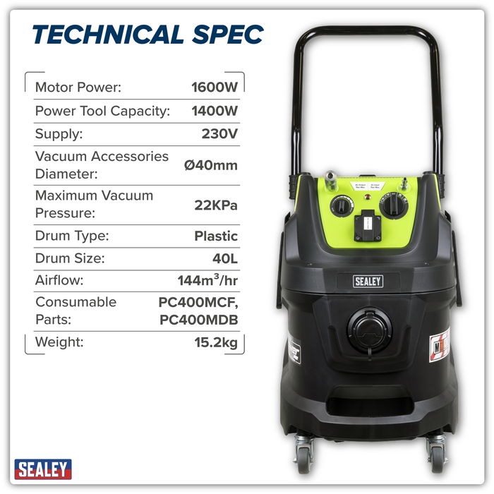 M Class Dust-Free Industrial Wet & Dry Vacuum Cleaner 40L with Autostart for Air/Electric Power Tools 1600W/230V | PC400MA