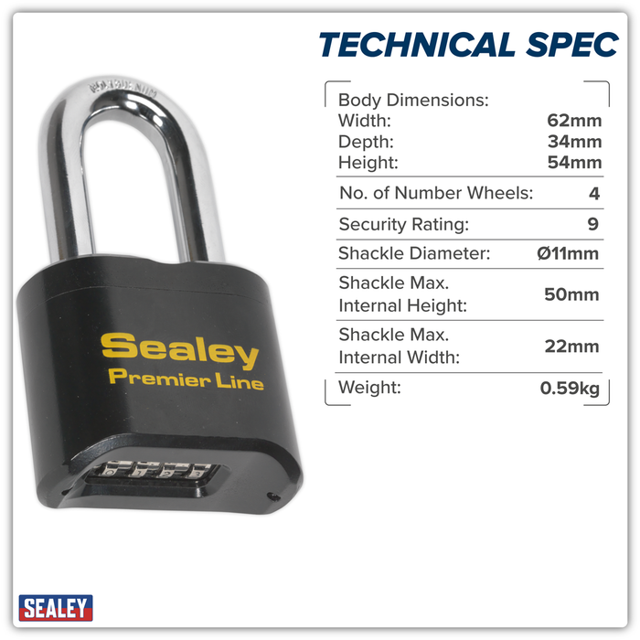 Premier™ Steel Body Combination Padlock Long Shackle 62mm | PL603L