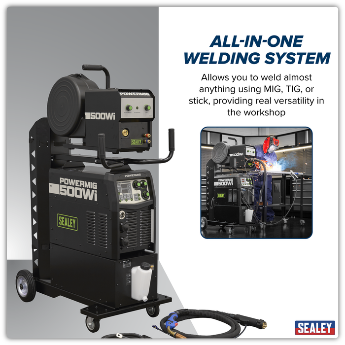 500A Professional Gas/Gasless MIG/TIG/MMA Inverter Welder with Portable Wire Feeder & Water Cooler 400V 3ph | POWERMIG500Wi