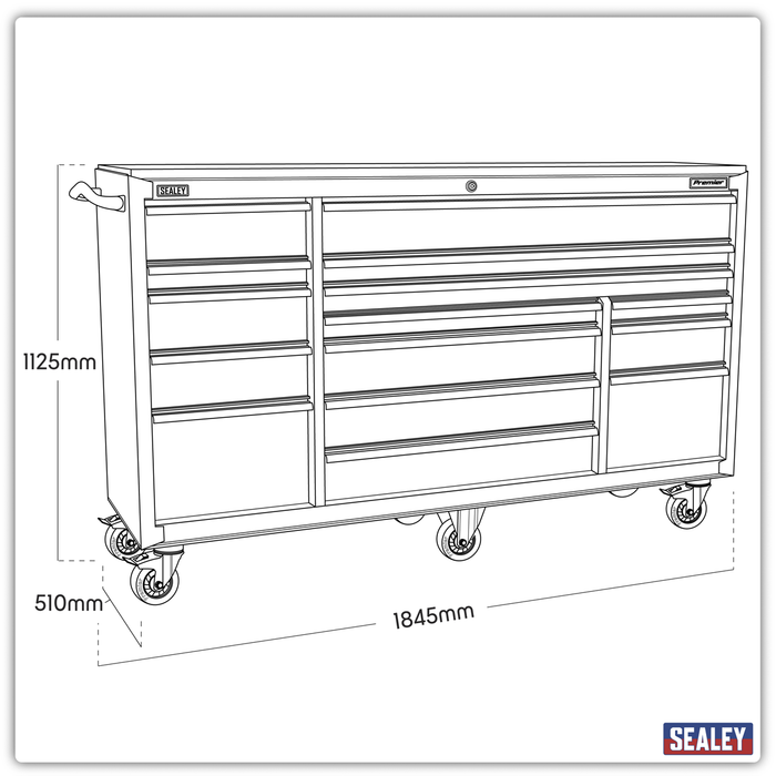 Premier™ Heavy-Duty Extra-Wide Rollcab 15 Drawer 1845mm - Black | PTB183015
