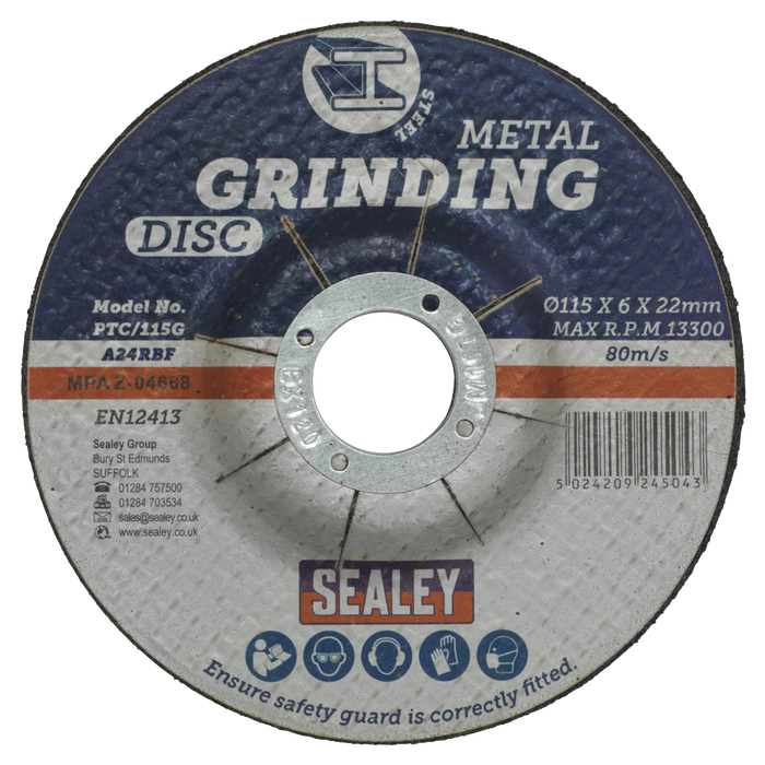115 x 6mm Grinding Disc 22mm Bore - Pack of 12 | PTC115G12