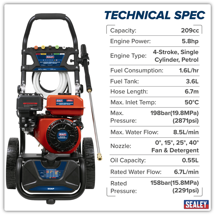 Pressure Washer 198bar 513L/hr Self-Priming 5.8hp Petrol | PWM2500SP