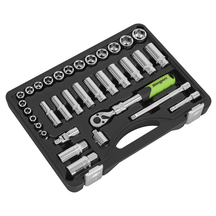 Siegen Extendable Ratchet Socket Set 3/8"Sq Drive 34pc | S01287