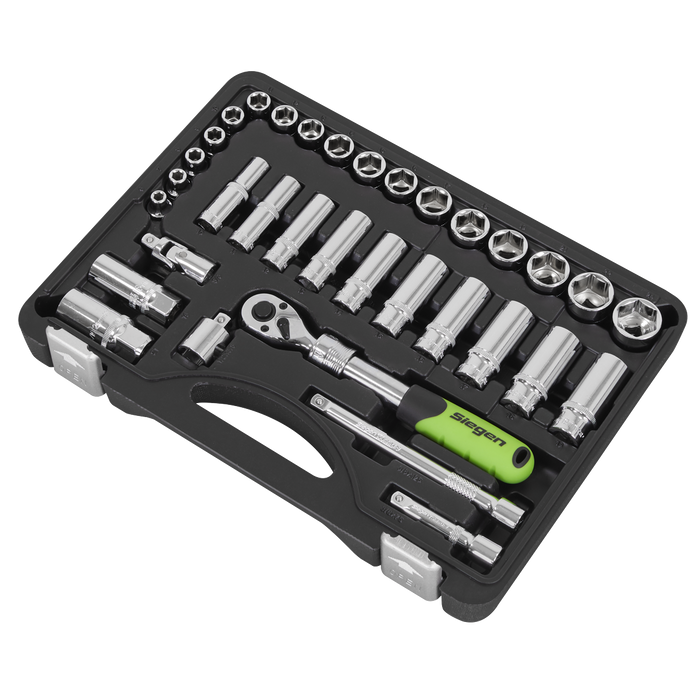 Siegen Extendable Ratchet Socket Set 3/8"Sq Drive 34pc | S01287