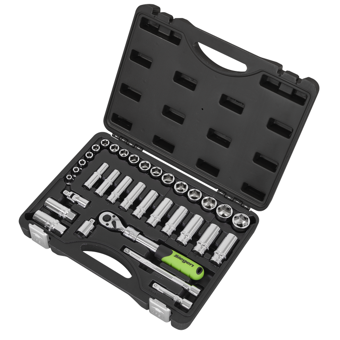 Siegen Extendable Ratchet Socket Set 3/8"Sq Drive 34pc | S01287