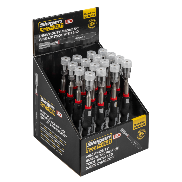 Siegen Heavy-Duty Magnetic Pick-Up Tool with LED 3.6kg Capacity - Display Box of 16 | S0903DB