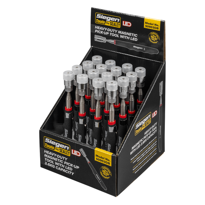 Siegen Heavy-Duty Magnetic Pick-Up Tool with LED 3.6kg Capacity - Display Box of 16 | S0903DB