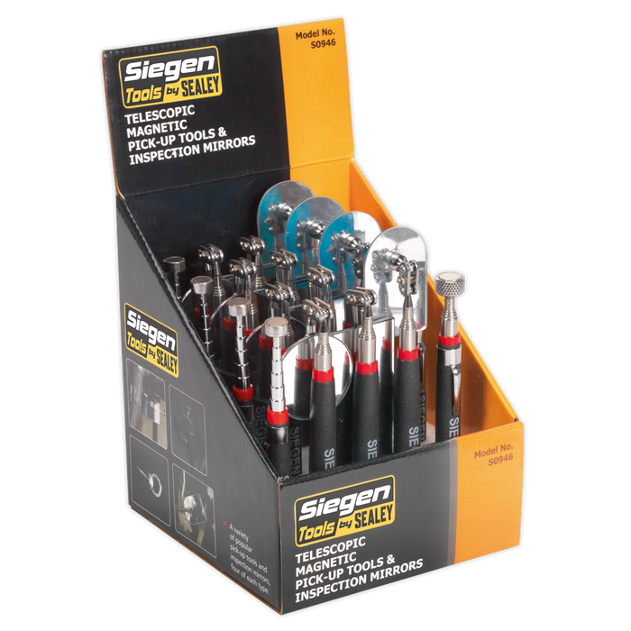 Siegen Telescopic Magnetic Pick-Up Tools & Inspection Mirrors - Display Box of 20 | S0946