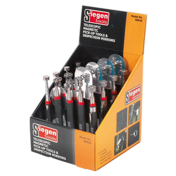 Siegen Telescopic Magnetic Pick-Up Tools & Inspection Mirrors - Display Box of 20 | S0946