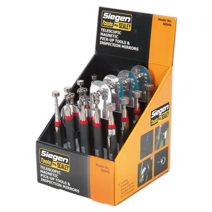 Siegen Telescopic Magnetic Pick-Up Tools & Inspection Mirrors - Display Box of 20 | S0946