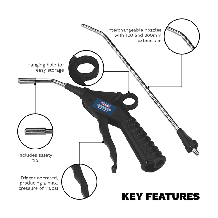 Air Blow Gun Kit with 1/4"BSP Air Inlet & Safety Nozzle 4pc | SA914