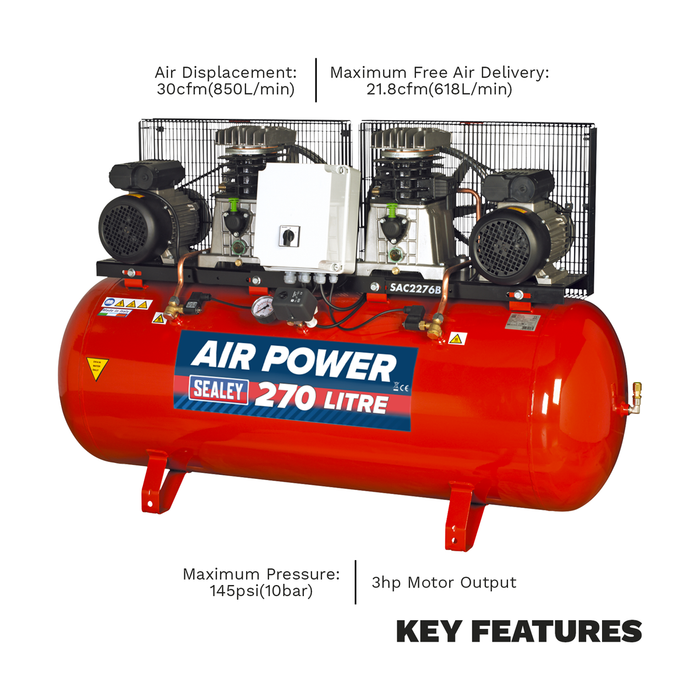 270L Belt Drive Air Compressor with Cast Cylinders 2 x 3hp | SAC2276B