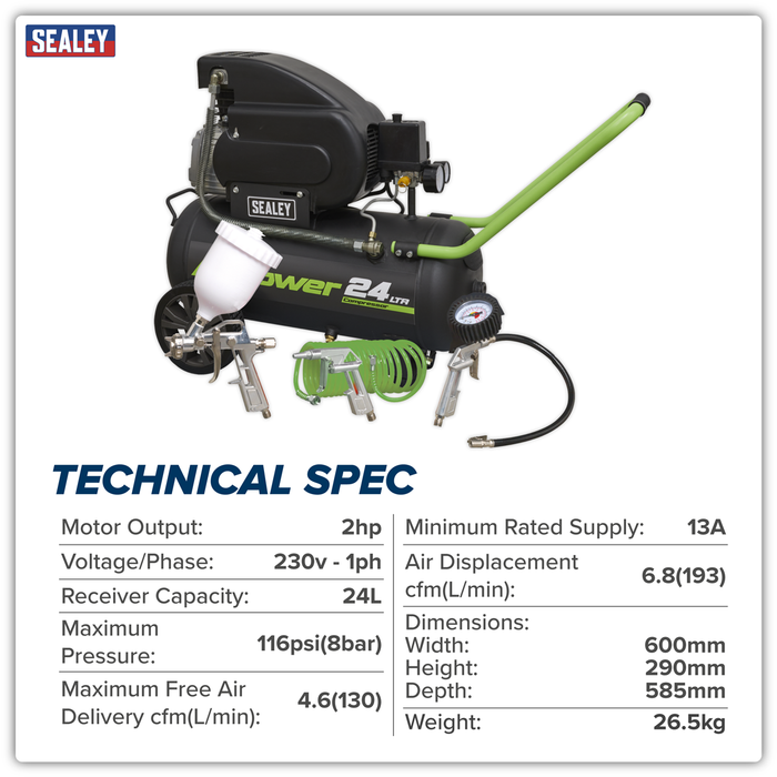 24L Direct Drive Air Compressor 2hp with 4pc Air Accessory Kit | SAC2420EPK
